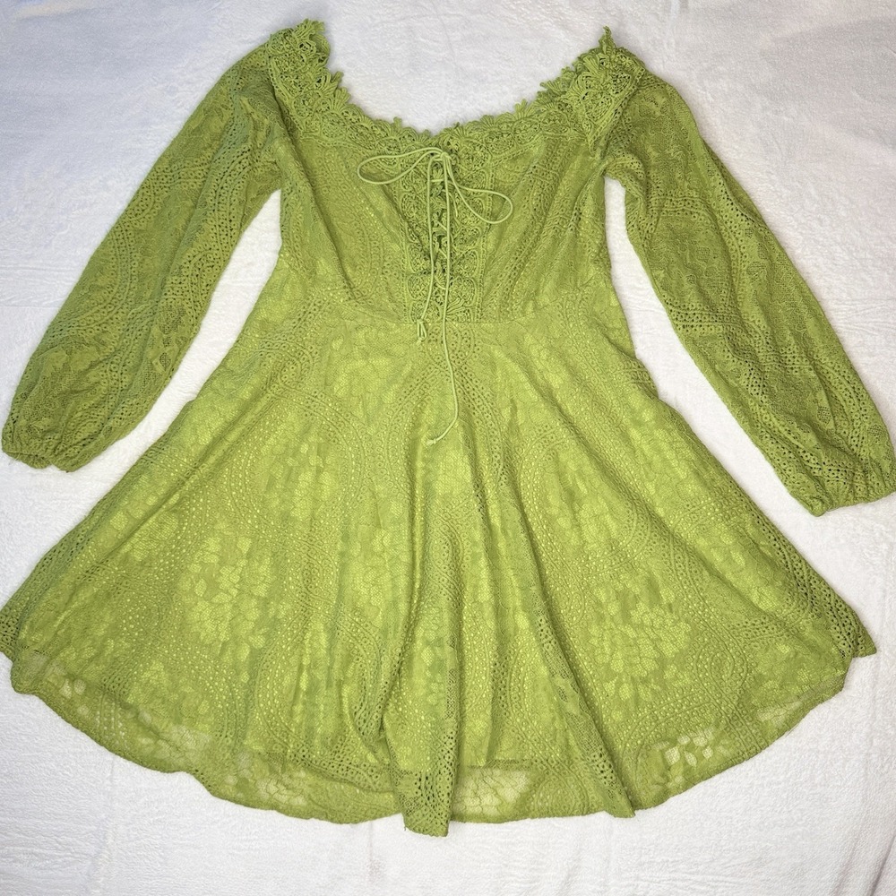 Double Crazy Green Lace Fit Flare Mini Dress Fairy Coquette Whimsigoth Boho L